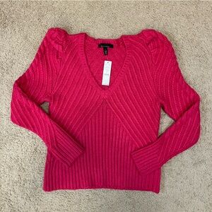 White House Black Market Women’s Sweater L Pink Puff Shoulder Ribbed Knit NWT